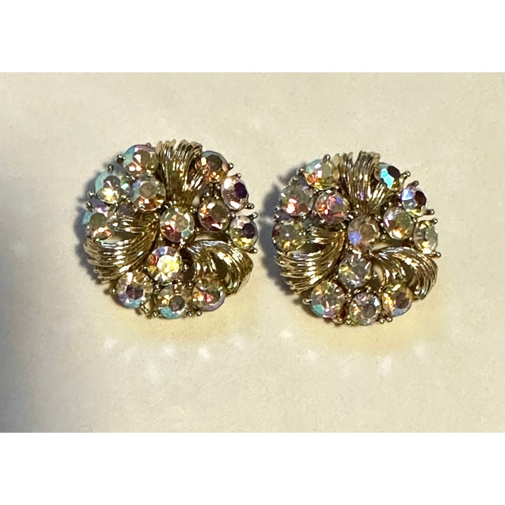 Vintage Lisner Clip on Earrings‎ Gold Tone w/ Aurora Borealis Rhinestones